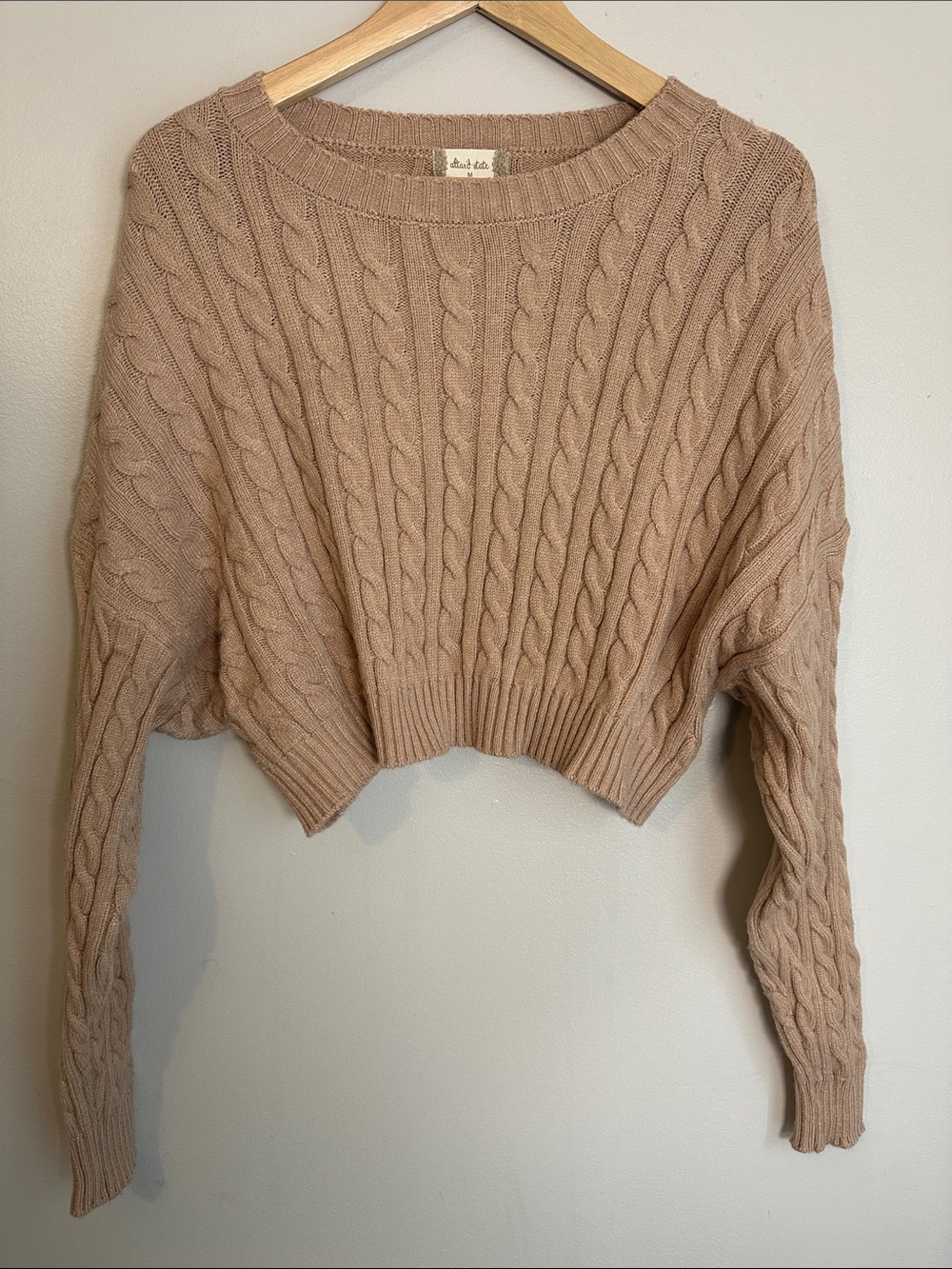 Altar'd State Cropped Tan Cable Knit Crewneck Sweater Size [M]